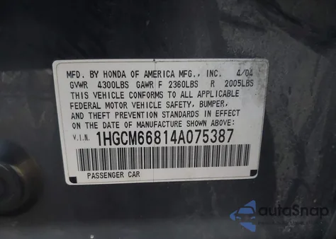 2004 Honda Accord 3.0 Ex from USA, damaged, VIN 1HGCM66814A075387